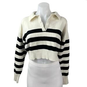 Isalis Women's Ivory Black Striped Long Sleeve Polo Cropped Sweater Top Size S